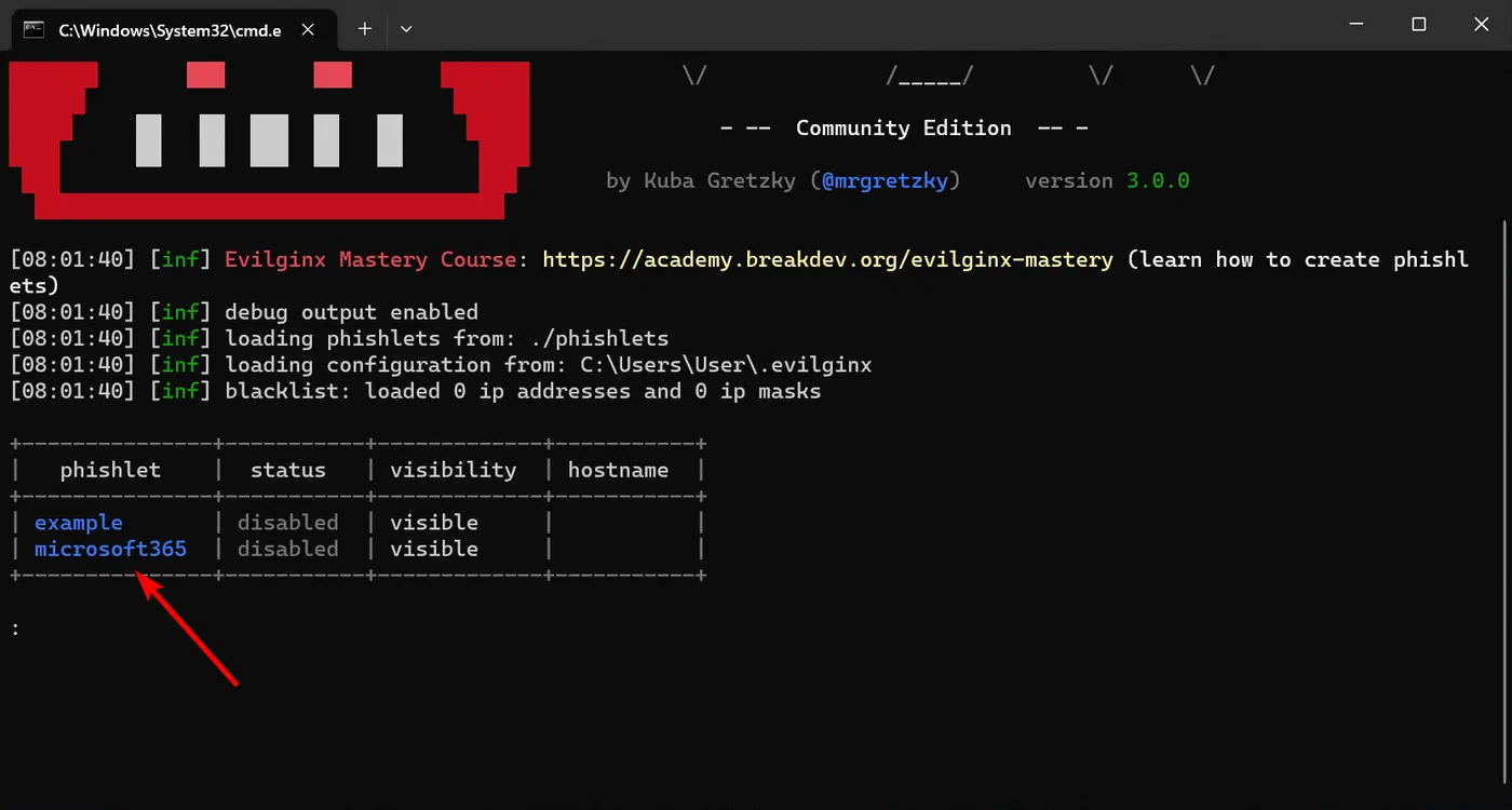 Evilginx terminal listing the loaded Microsoft 365 phishlet