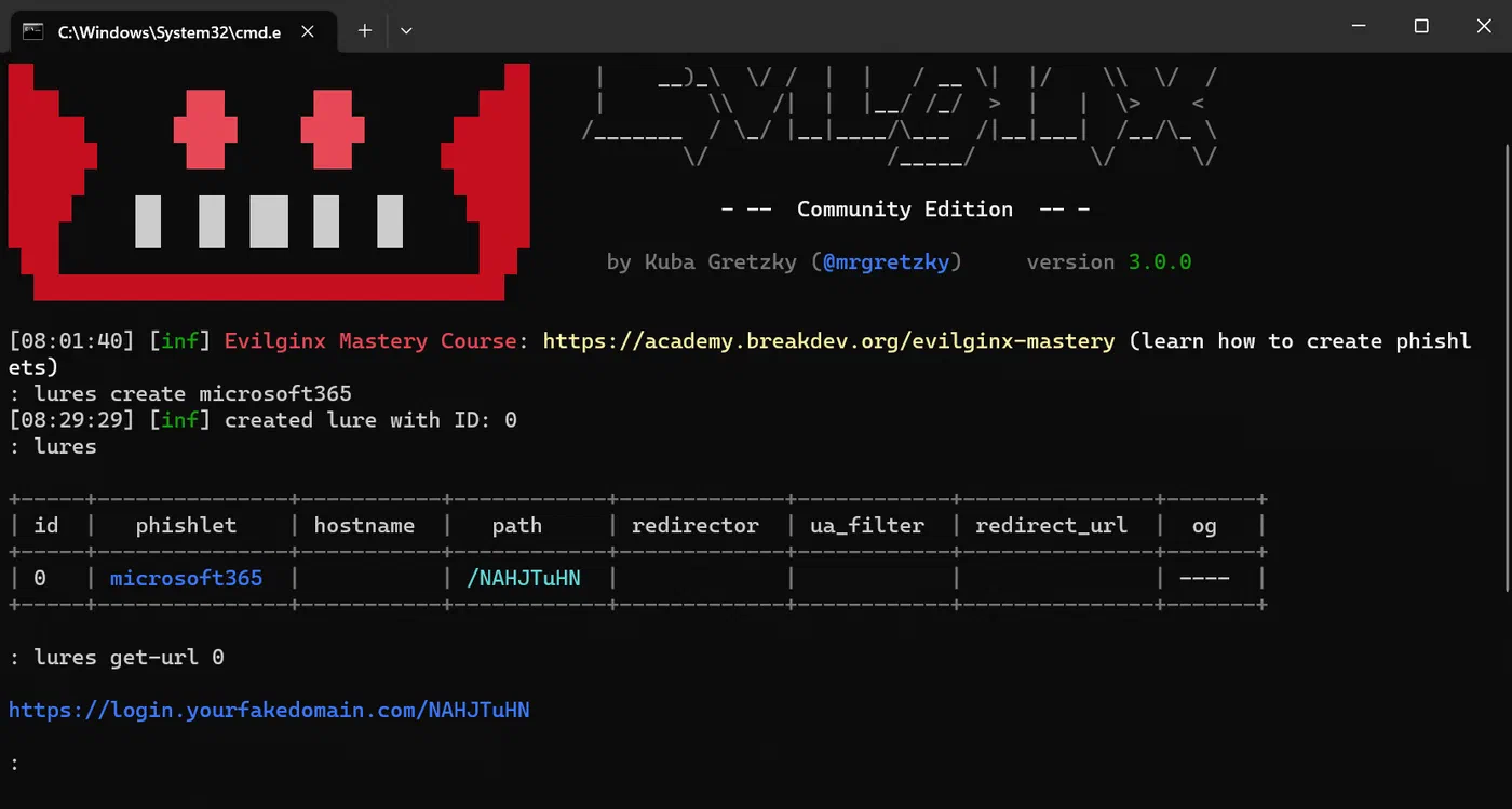 Evilginx terminal displaying the generated phishing lure URL