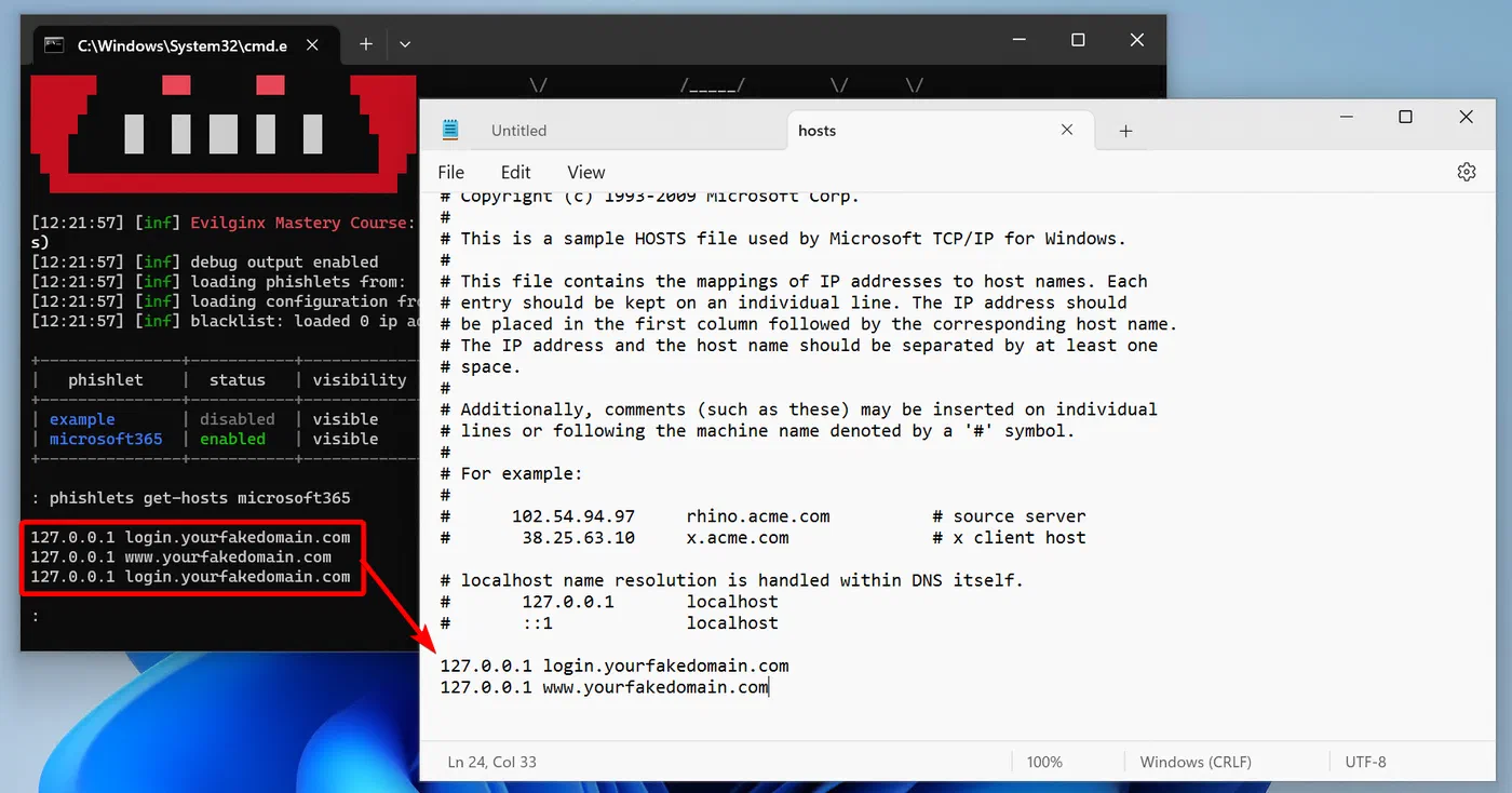 Windows hosts file with local entries for Microsoft 365 domains