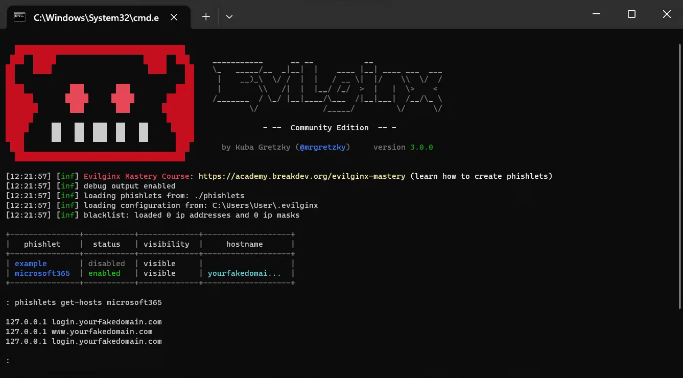 Evilginx terminal displaying host entries for the Microsoft 365 phishlet