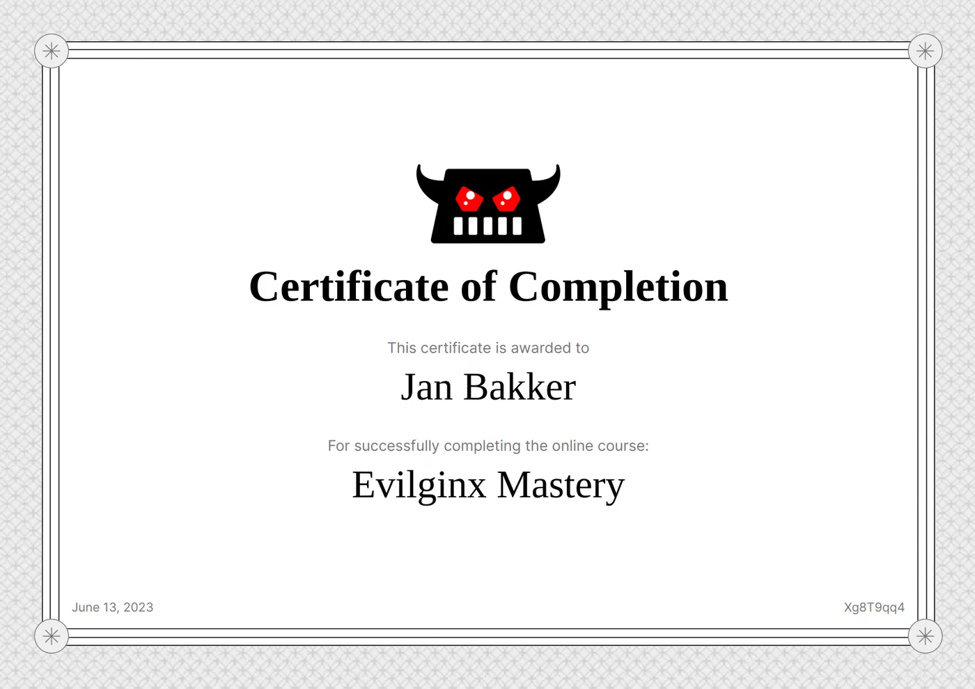 Certificate showing completion of the Evilginx course