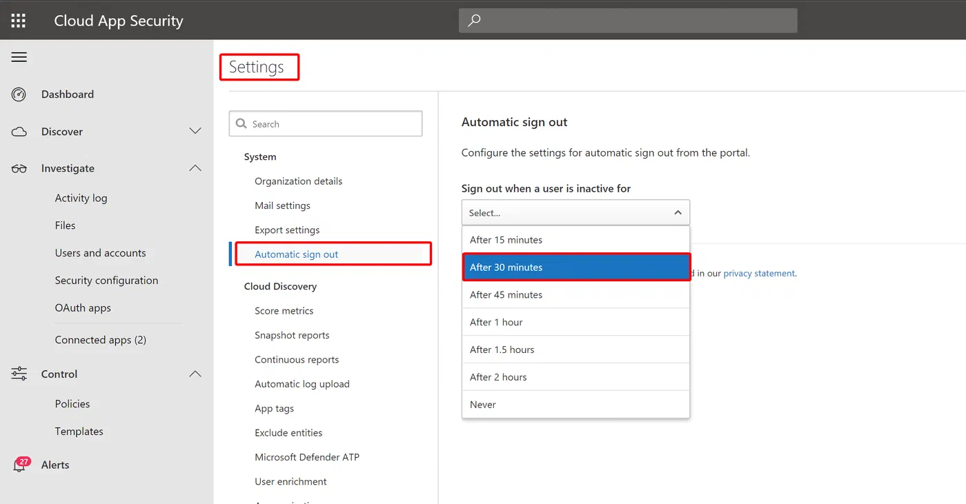 Defender for Cloud Apps settings for the portal session timeout