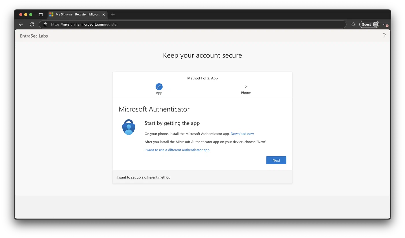 Screenshot 2 from Security Info Registration. Entra ID’s rabbit hole.
