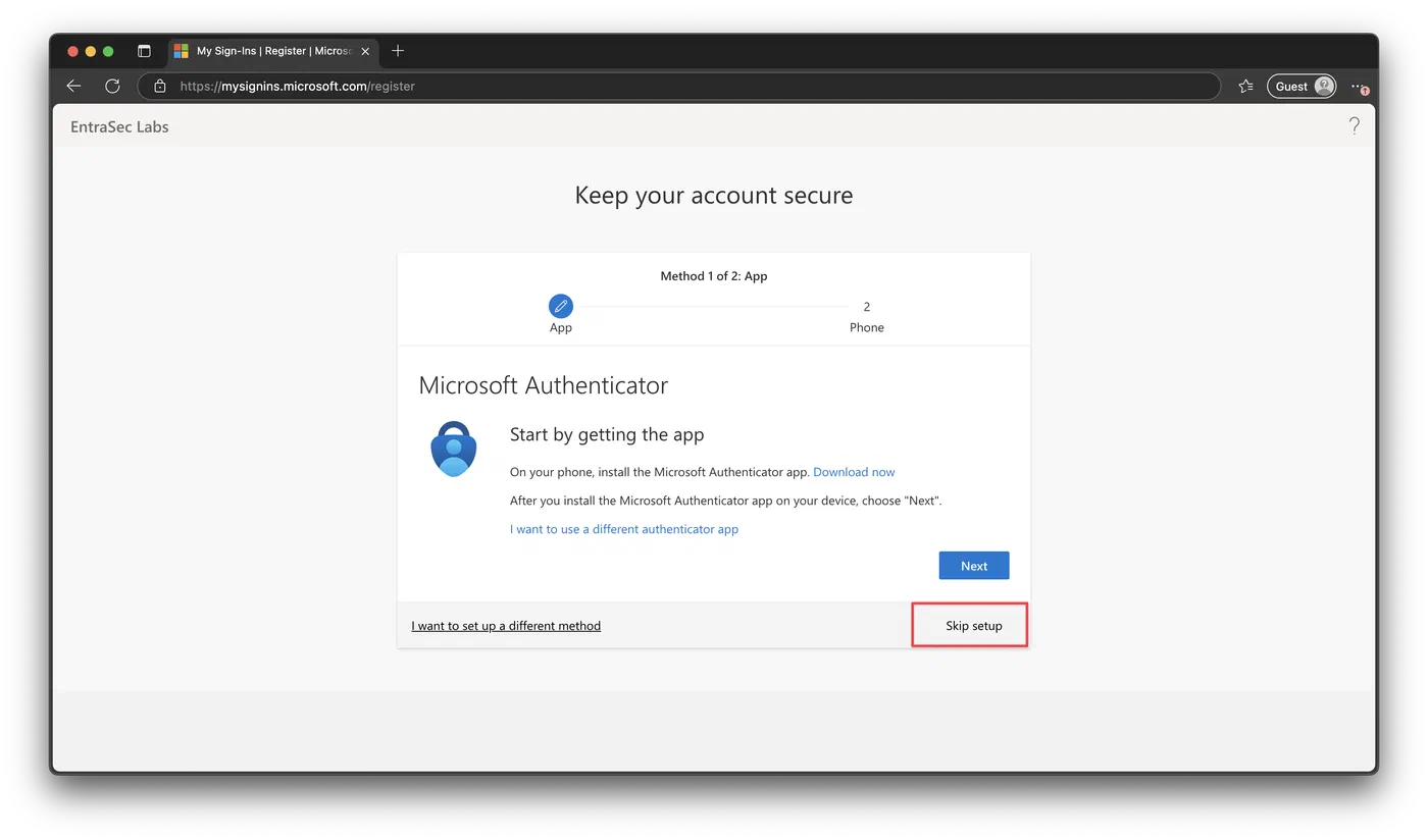 Screenshot 5 from Security Info Registration. Entra ID’s rabbit hole.