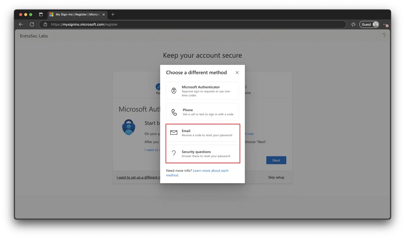 Screenshot 4 from Security Info Registration. Entra ID’s rabbit hole.