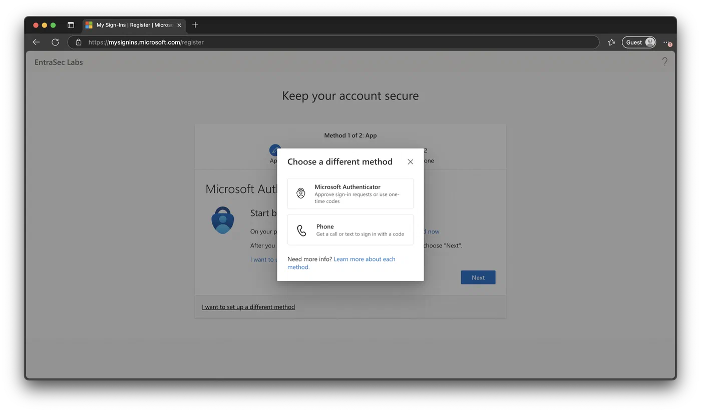 Screenshot 3 from Security Info Registration. Entra ID’s rabbit hole.