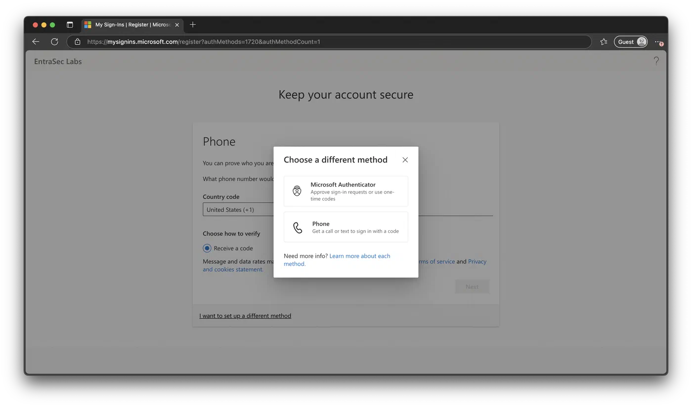 Screenshot 7 from Security Info Registration. Entra ID’s rabbit hole.