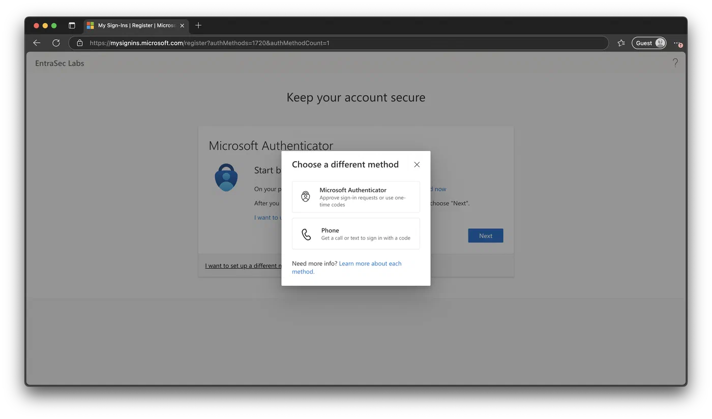 Screenshot 8 from Security Info Registration. Entra ID’s rabbit hole.