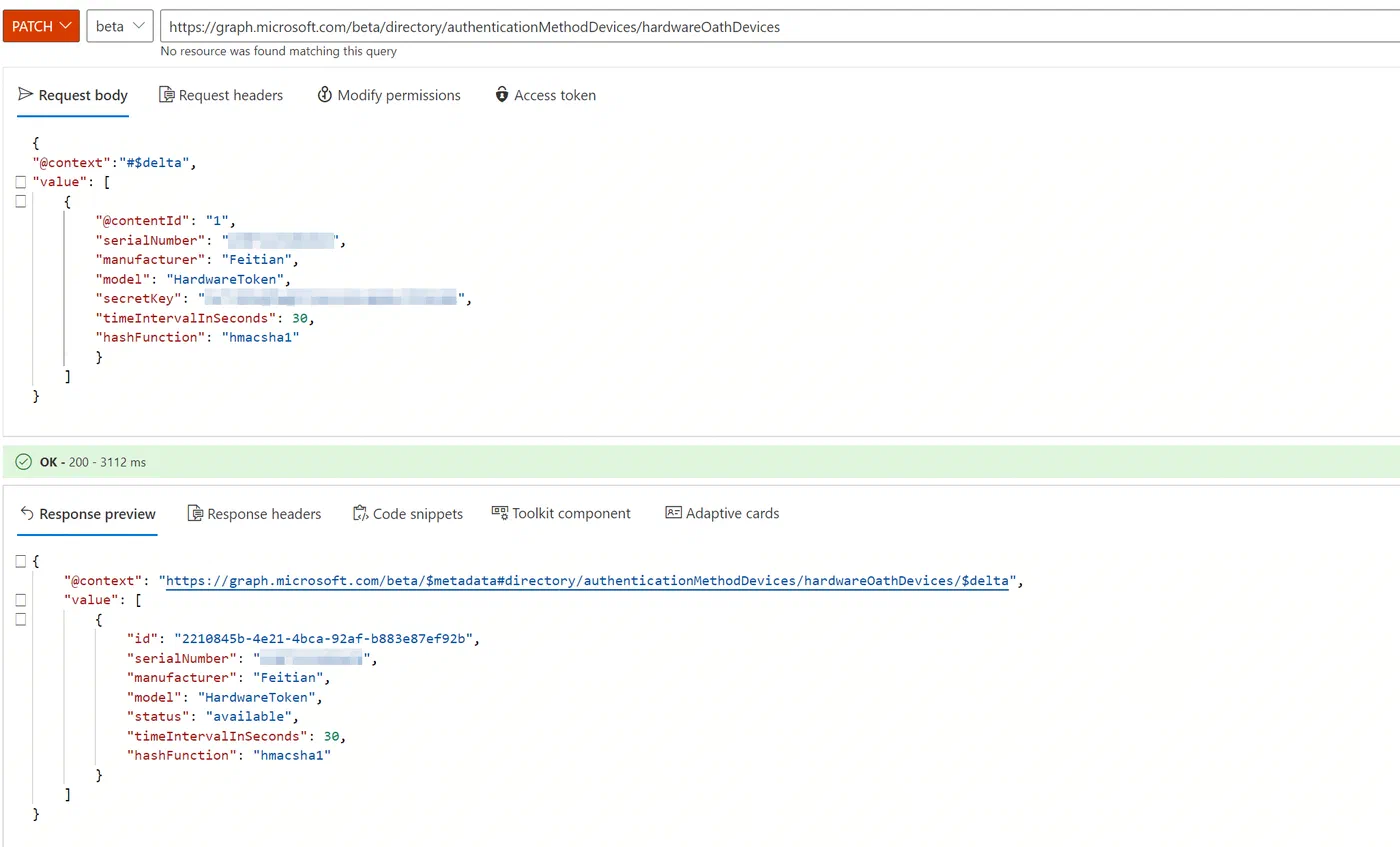 Graph Explorer request creating a hardware OATH token device