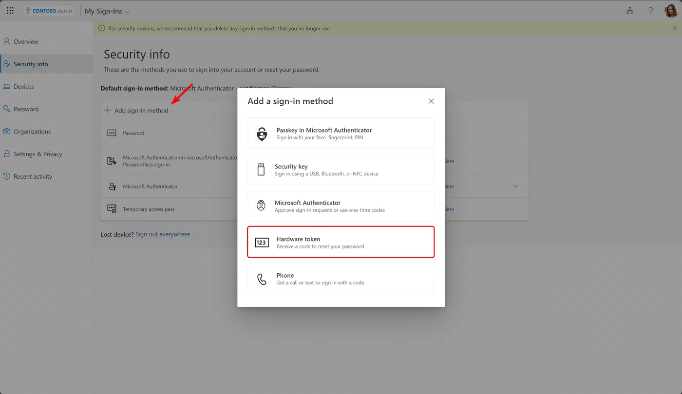 My Security Info page offering hardware token as a sign-in method