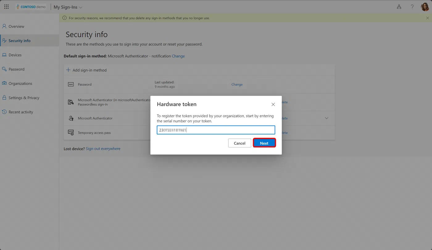 My Security Info form requesting the hardware token serial number