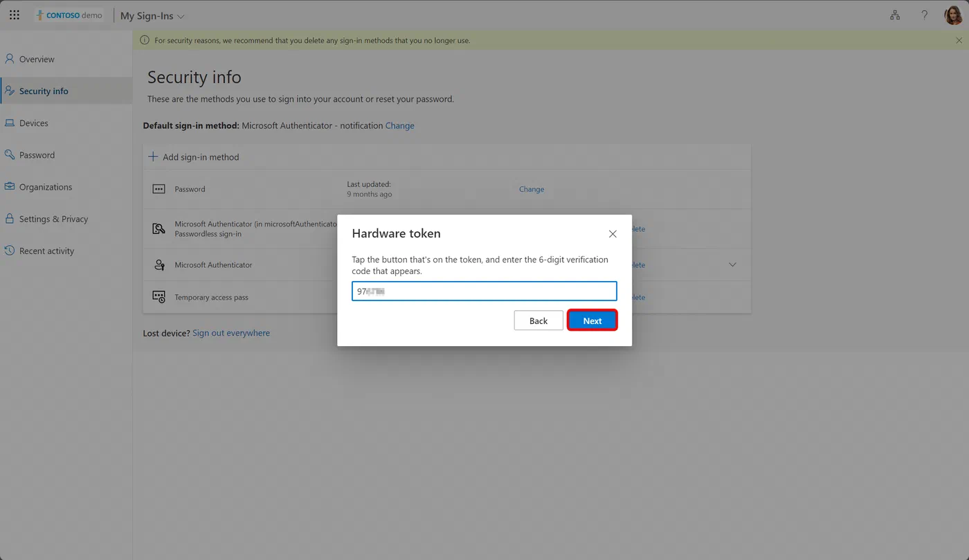 My Security Info form requesting a six-digit hardware token code