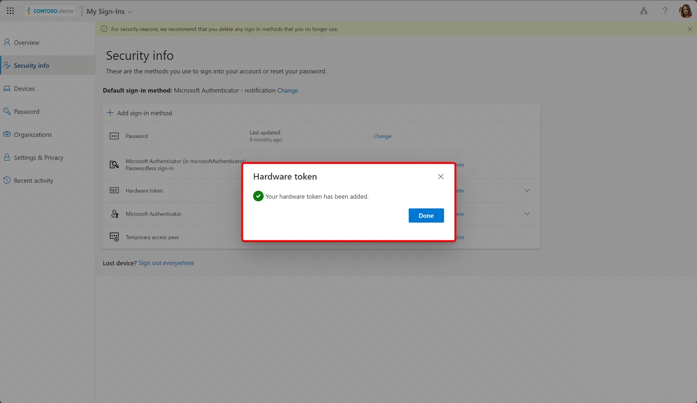 My Security Info confirmation that the hardware token was added