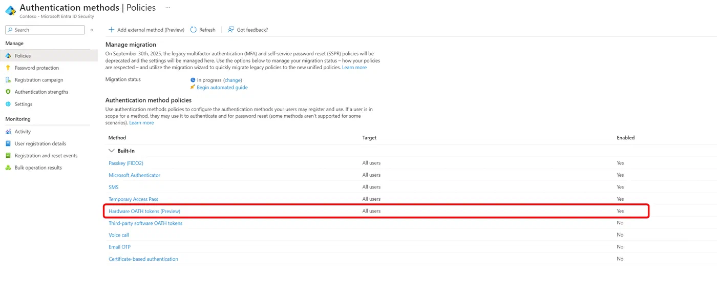 Entra authentication methods policy allowing hardware OATH tokens