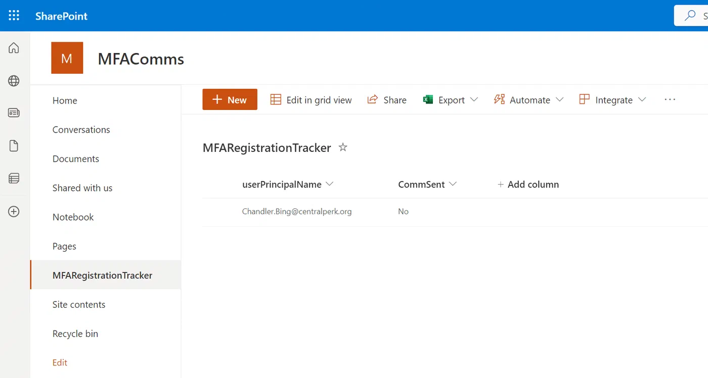SharePoint list showing a new MFA registration record