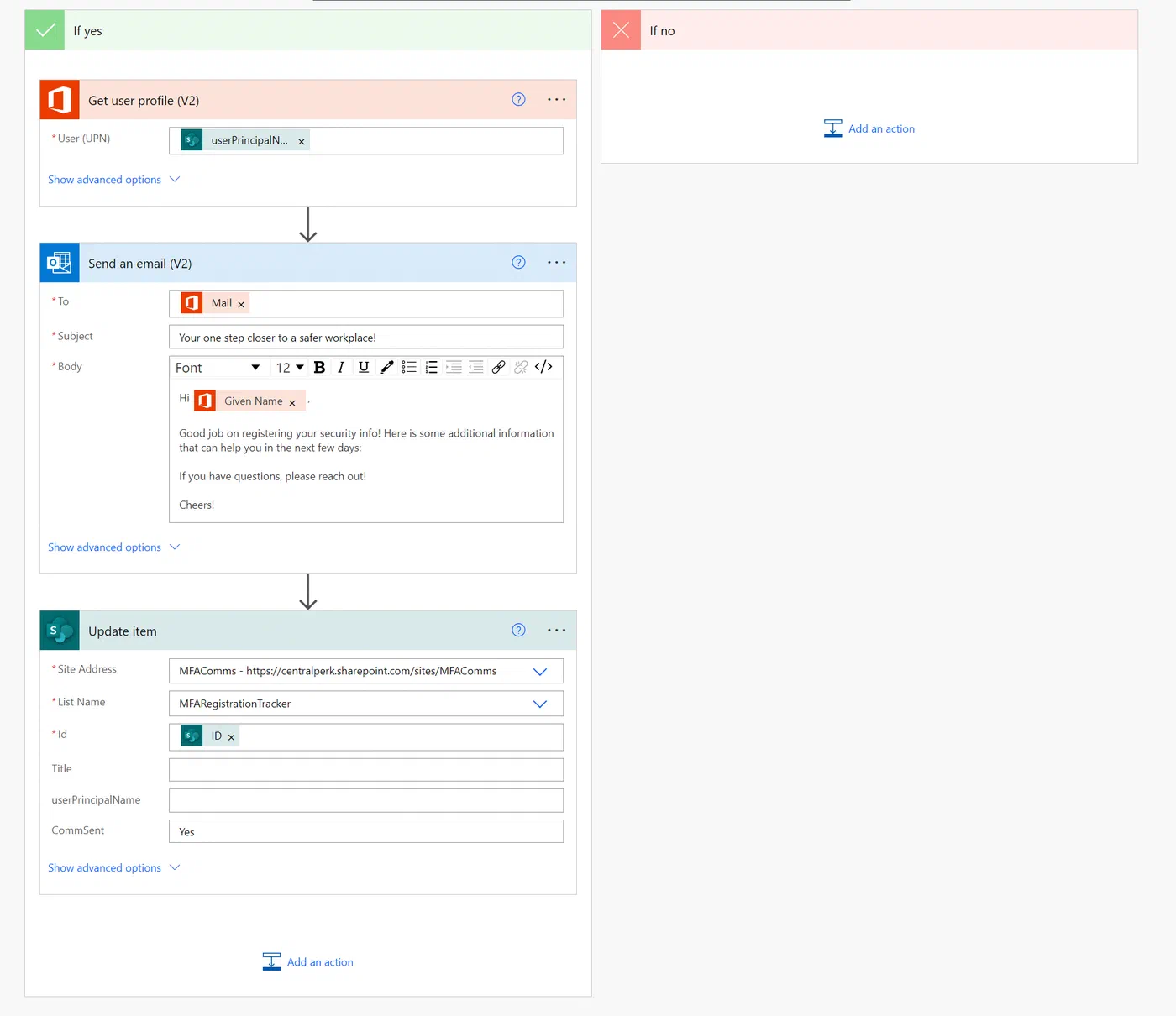 Power Automate action retrieving user profile details from Office 365
