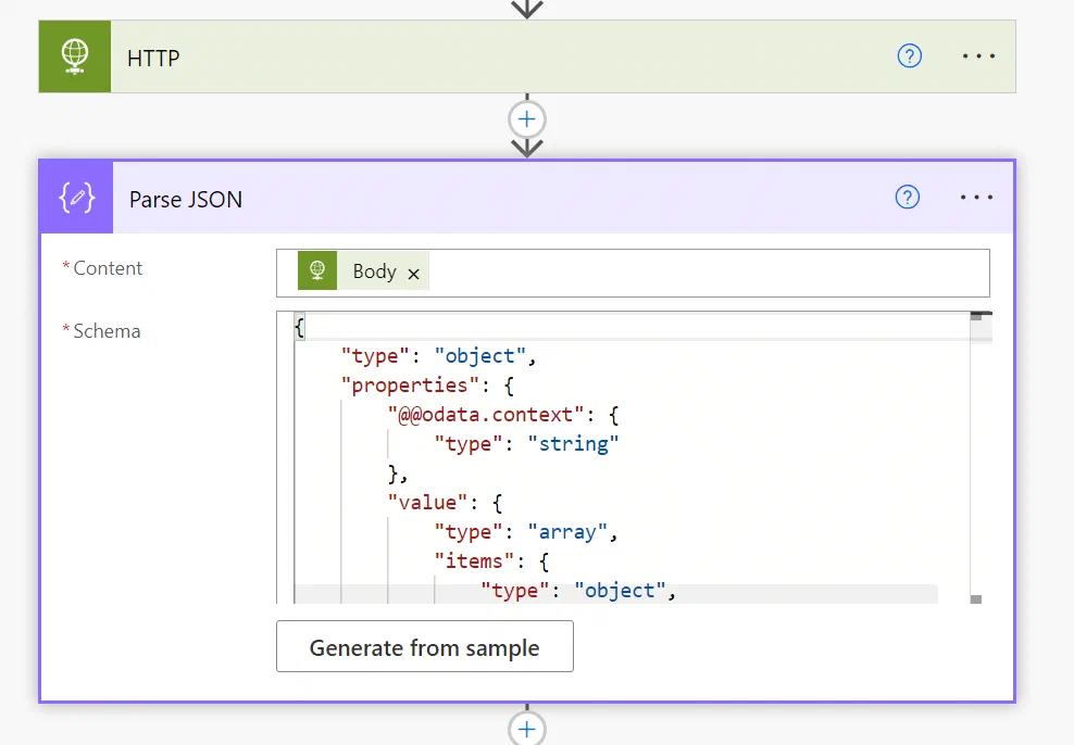 Power Automate Parse JSON action configured with audit log output