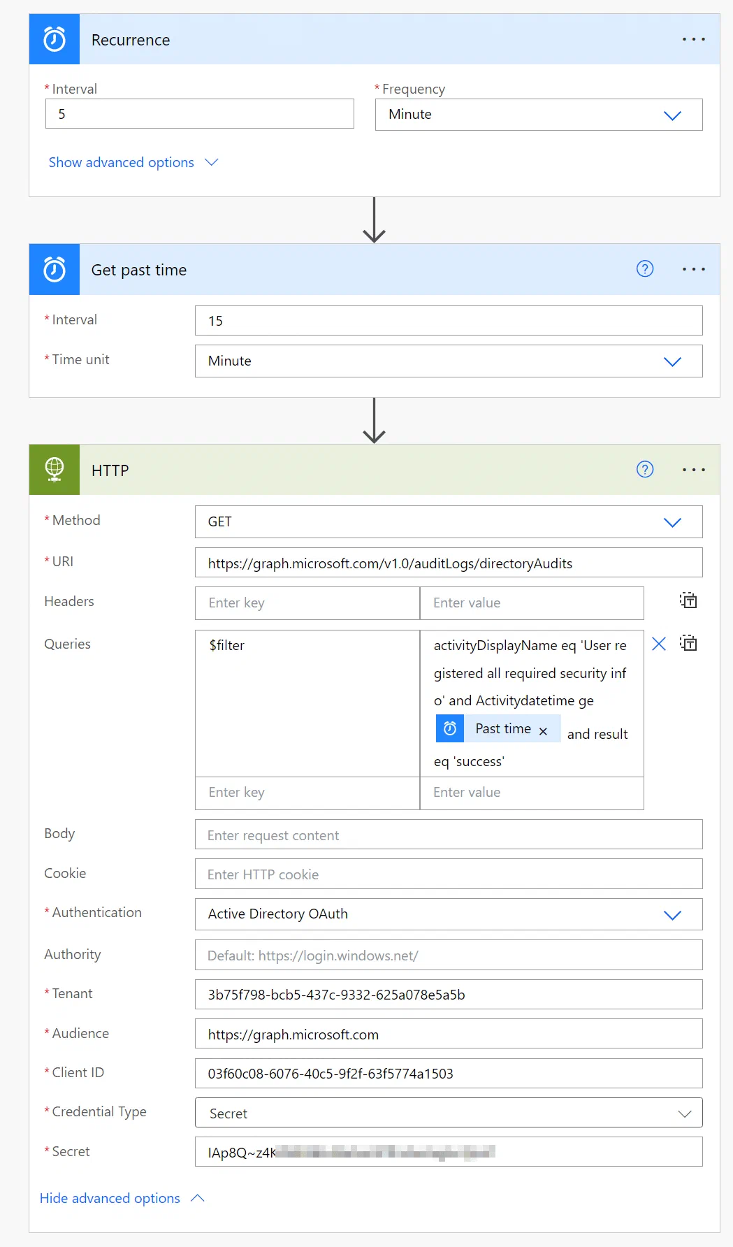 Power Automate HTTP action configured to query Azure AD audit logs