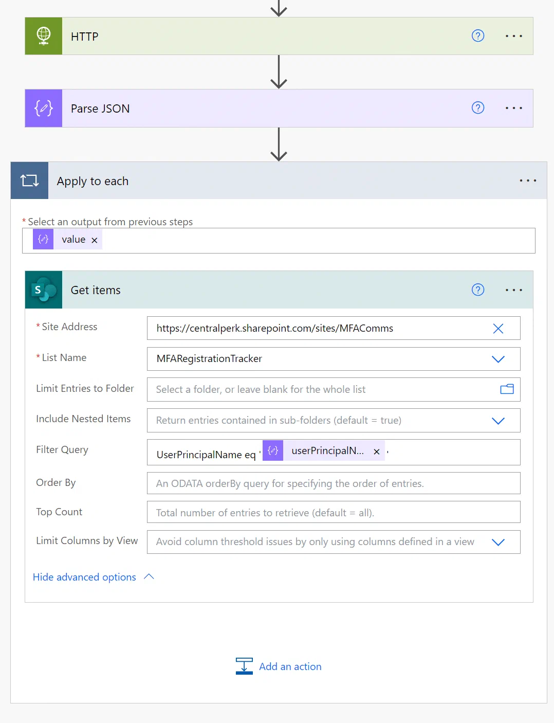 Power Automate SharePoint action filtering items by user email
