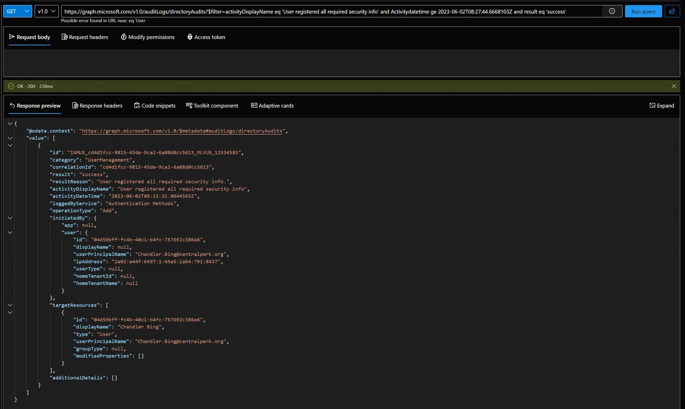 Power Automate run output showing matching MFA registration audit records