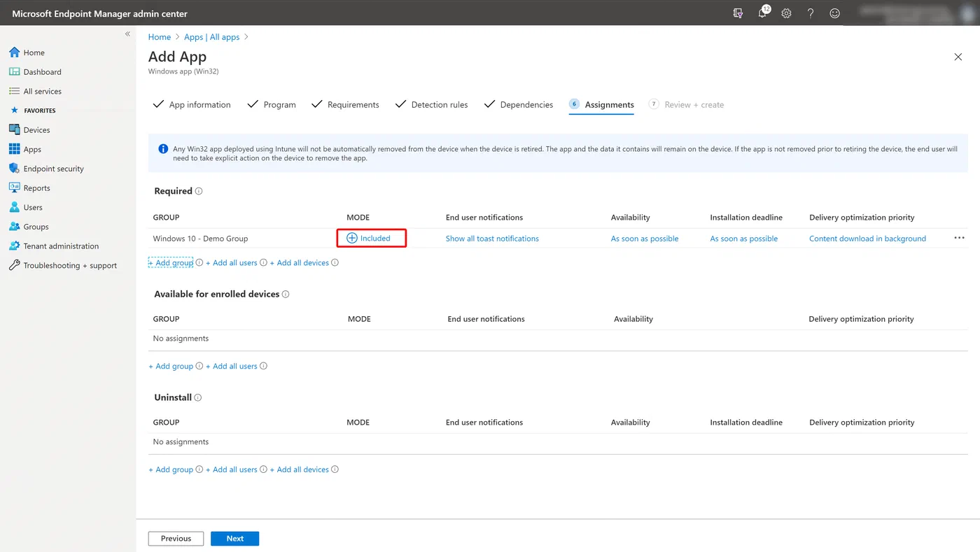 Intune app assignment targeting a test device group