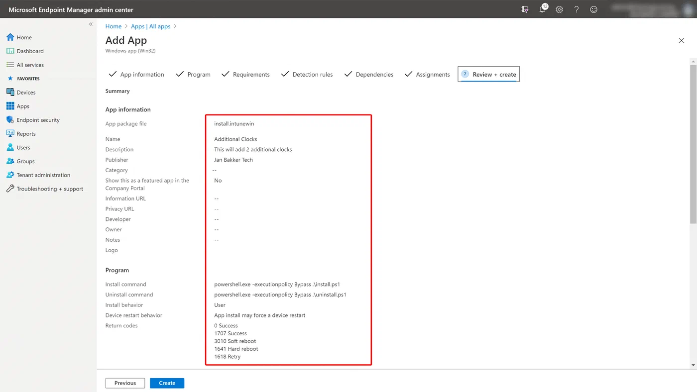 Intune app review page before creating the Win32 app