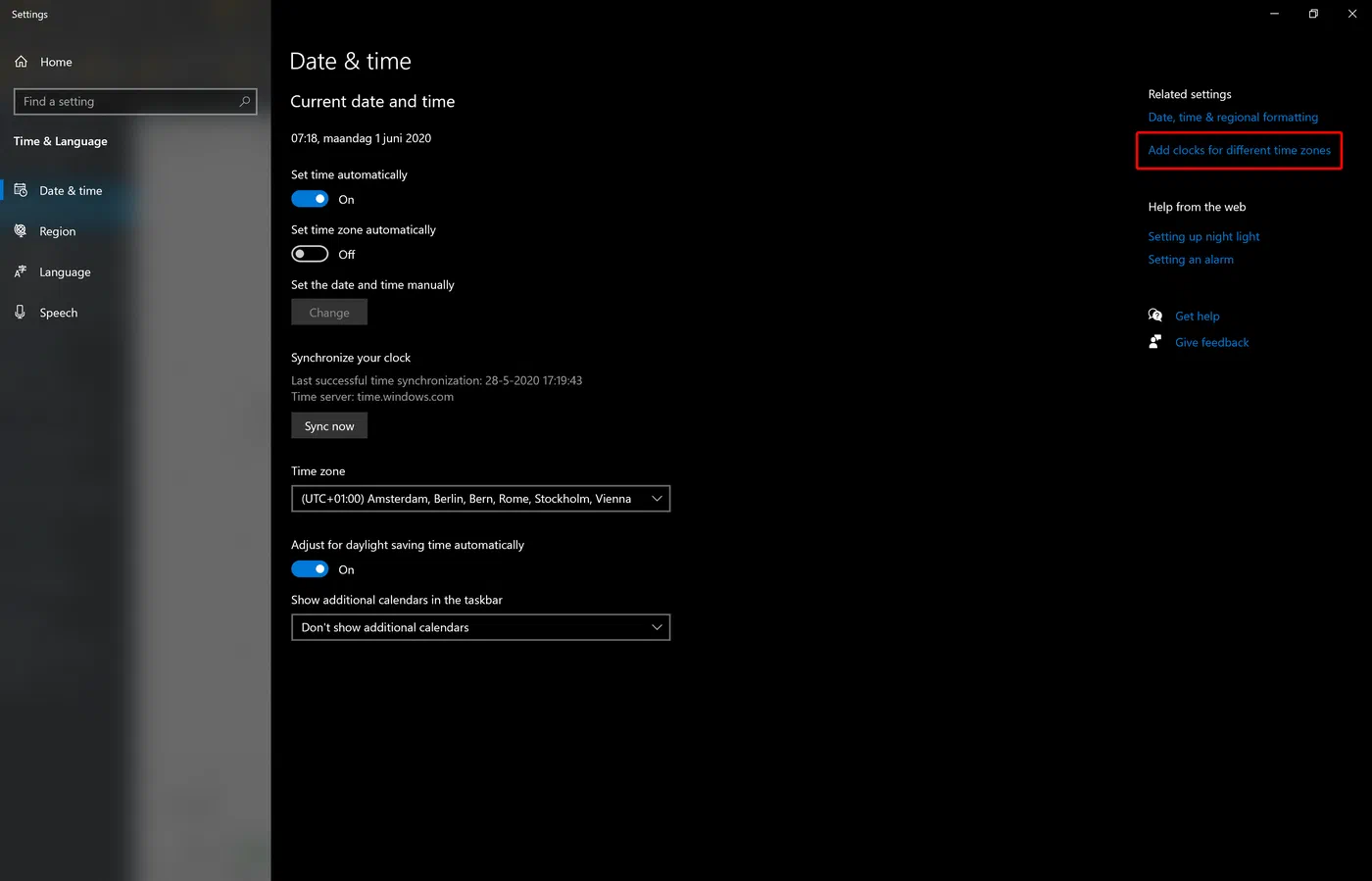 Windows Date and Time settings showing the additional clocks configuration