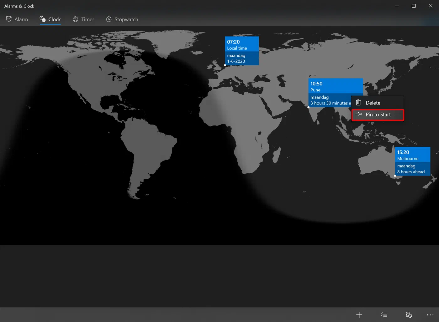 Windows Alarms and Clock app displaying multiple world clocks