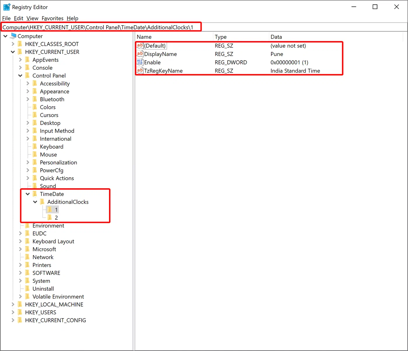 Registry Editor showing the configured additional clock values