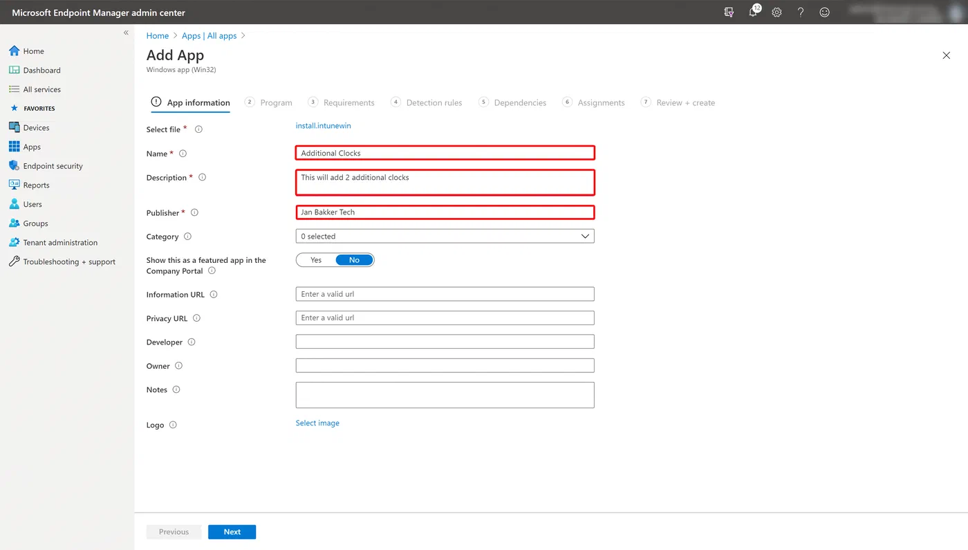 Intune admin center adding the packaged clock installer as a Win32 app