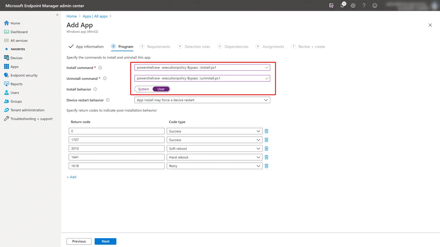 Intune Win32 app settings for install and uninstall commands