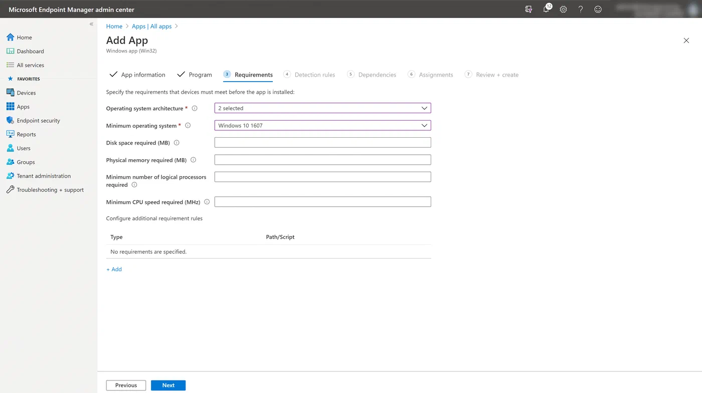 Intune Win32 app requirements for architecture and minimum Windows version