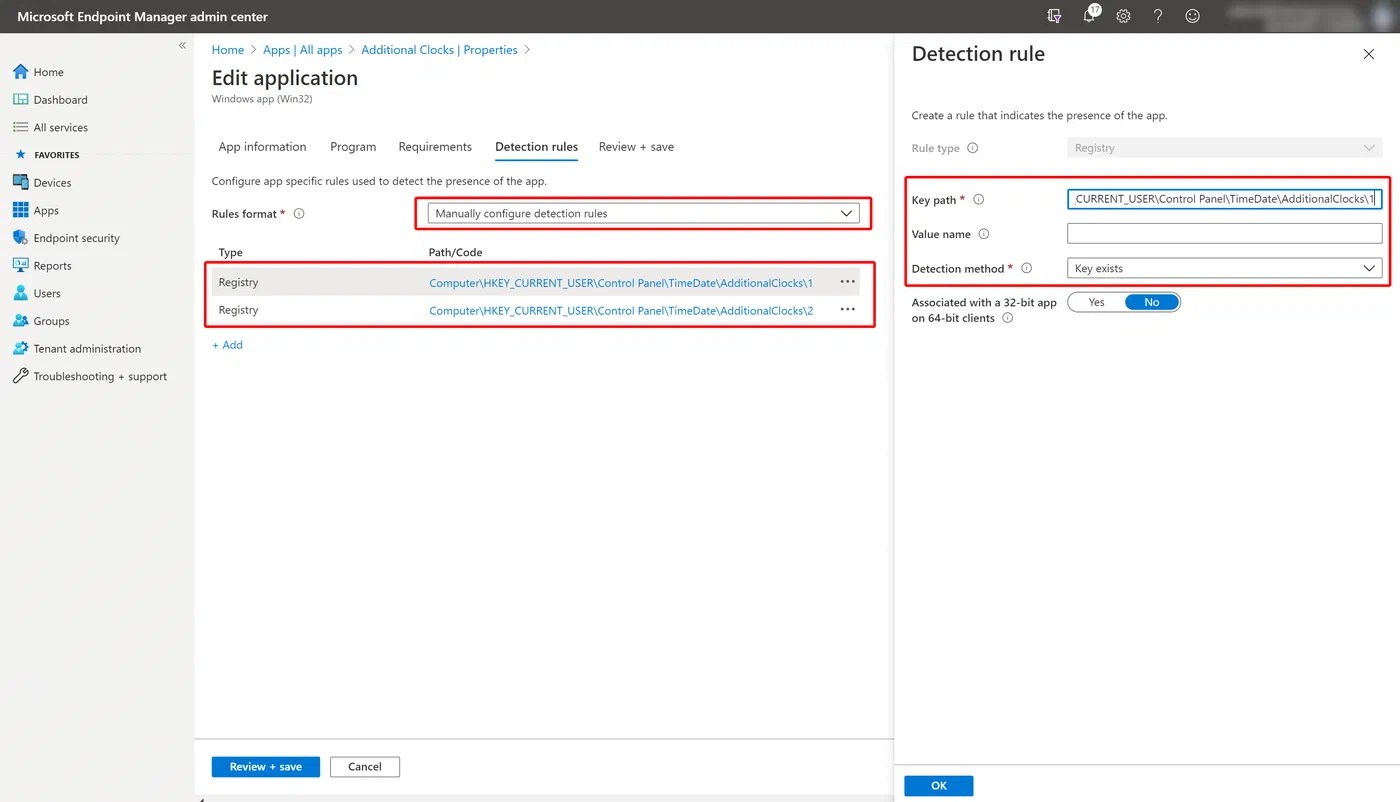 Intune detection rules checking the additional clock registry keys