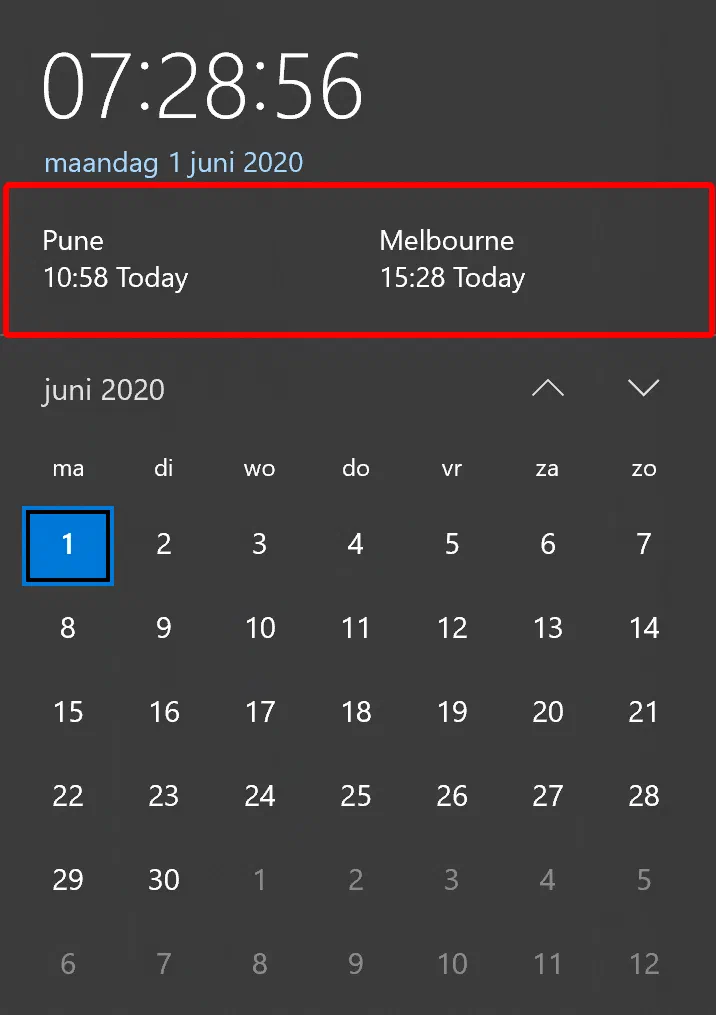 Windows taskbar clock displaying additional timezone clocks