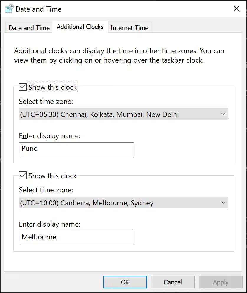 Windows Date and Time dialog for configuring additional clocks