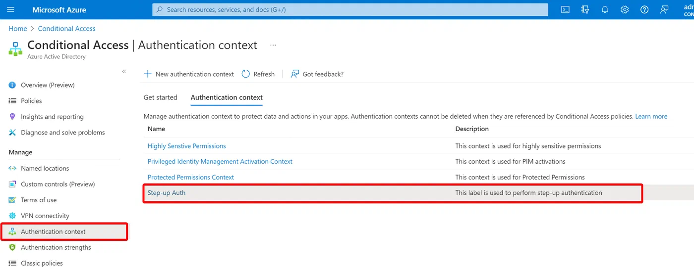 Azure portal Authentication Context settings for creating a context