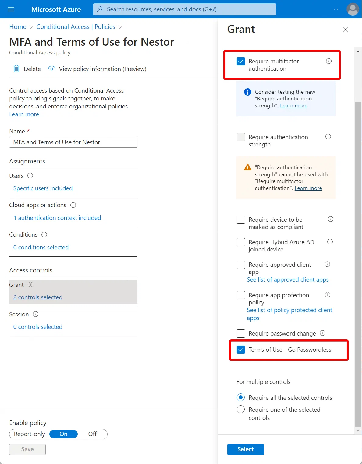 Conditional Access grant controls requiring MFA and terms of use