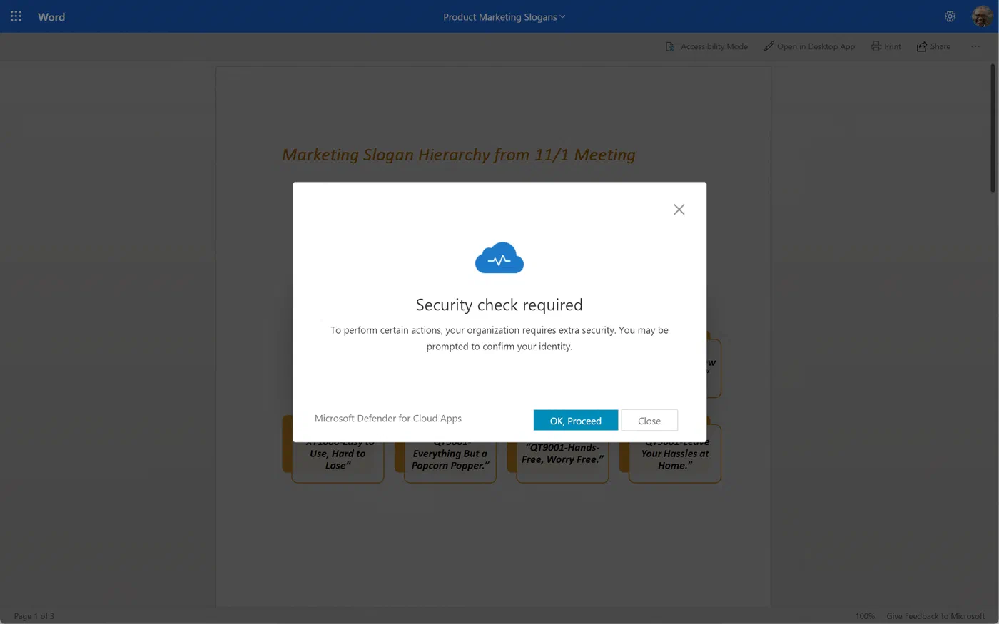 Step-up authentication prompt after attempting to copy or print a file