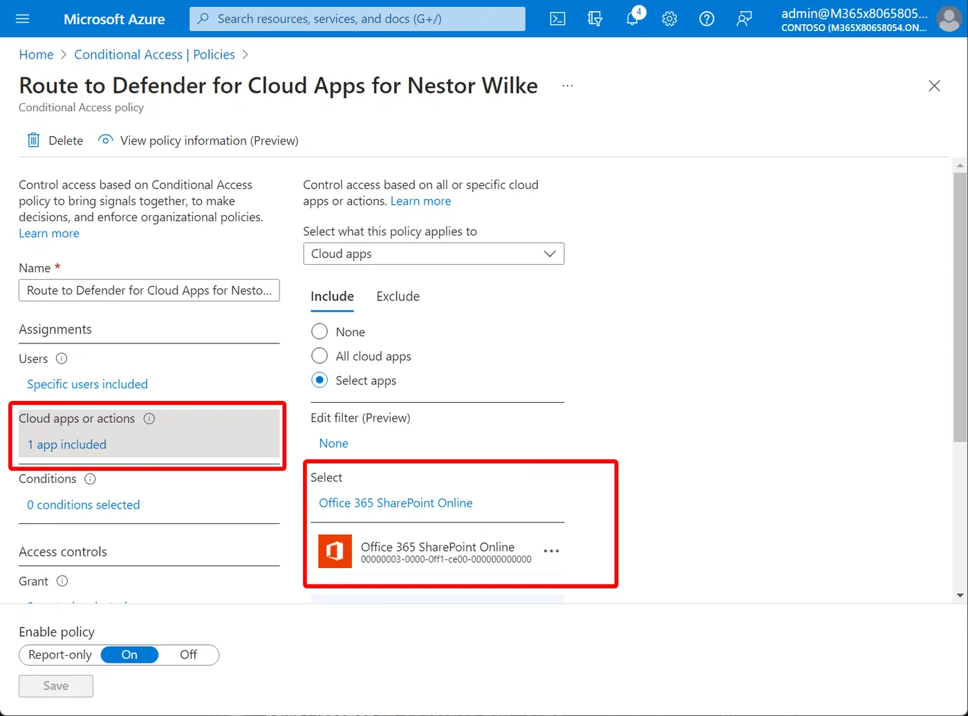 Conditional Access policy selecting a test user and SharePoint application