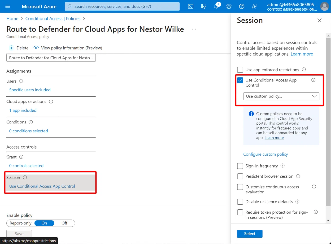 Conditional Access App Control configured to use a custom policy