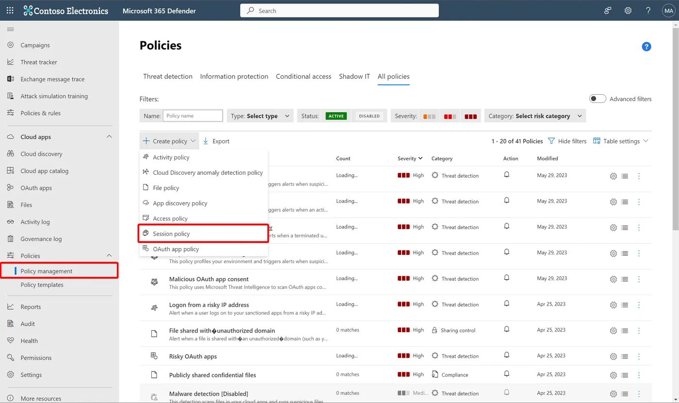 Defender for Cloud Apps session policy configuration