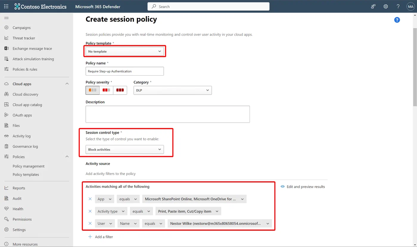 Defender for Cloud Apps policy selecting OneDrive and SharePoint activities