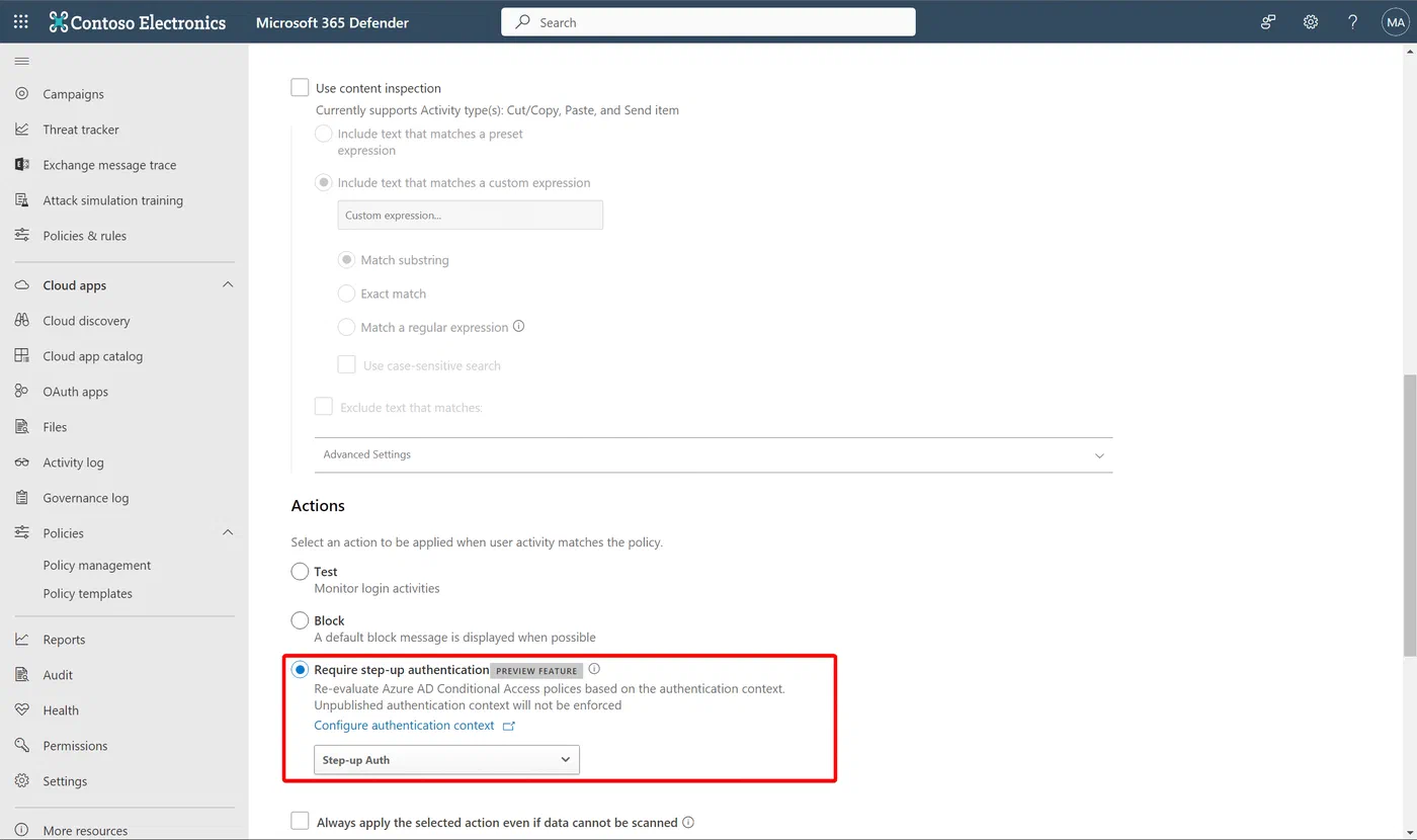 Defender for Cloud Apps policy requiring step-up authentication