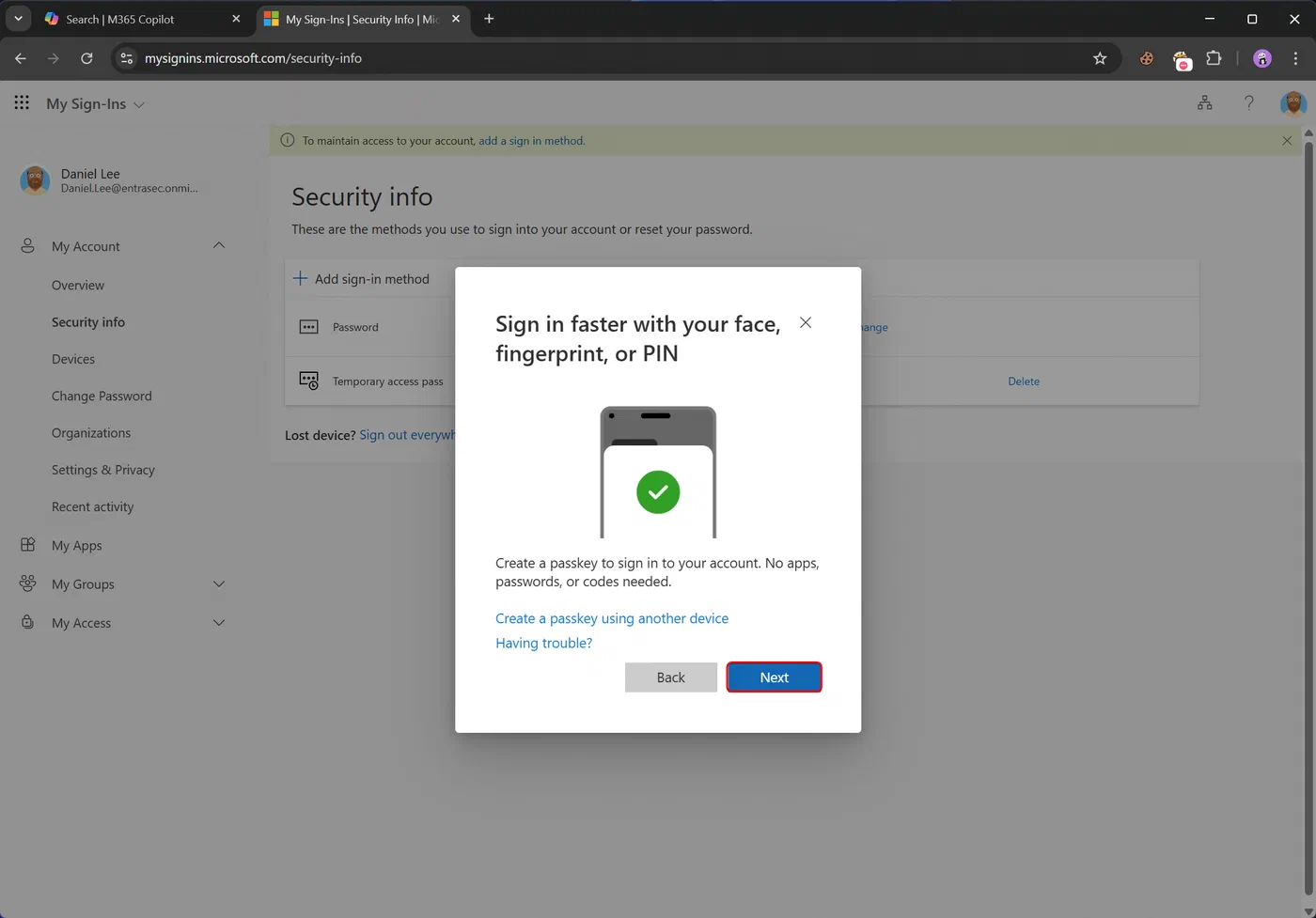 Screenshot showing Microsoft 365 passkeys stored in 1Password (step 5)