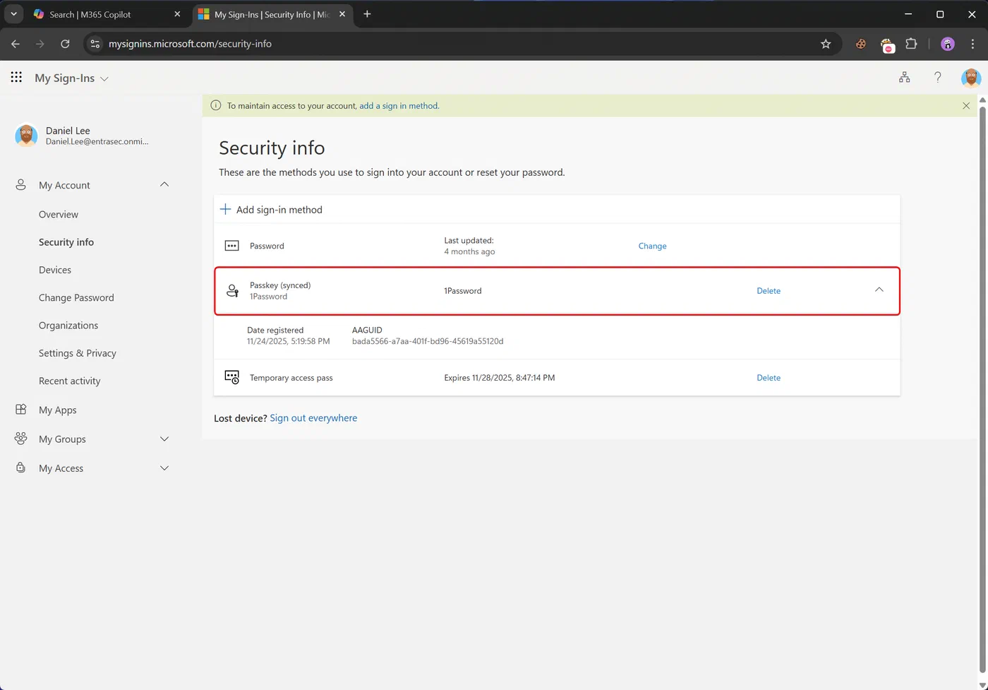 Screenshot showing Microsoft 365 passkeys stored in 1Password (step 11)