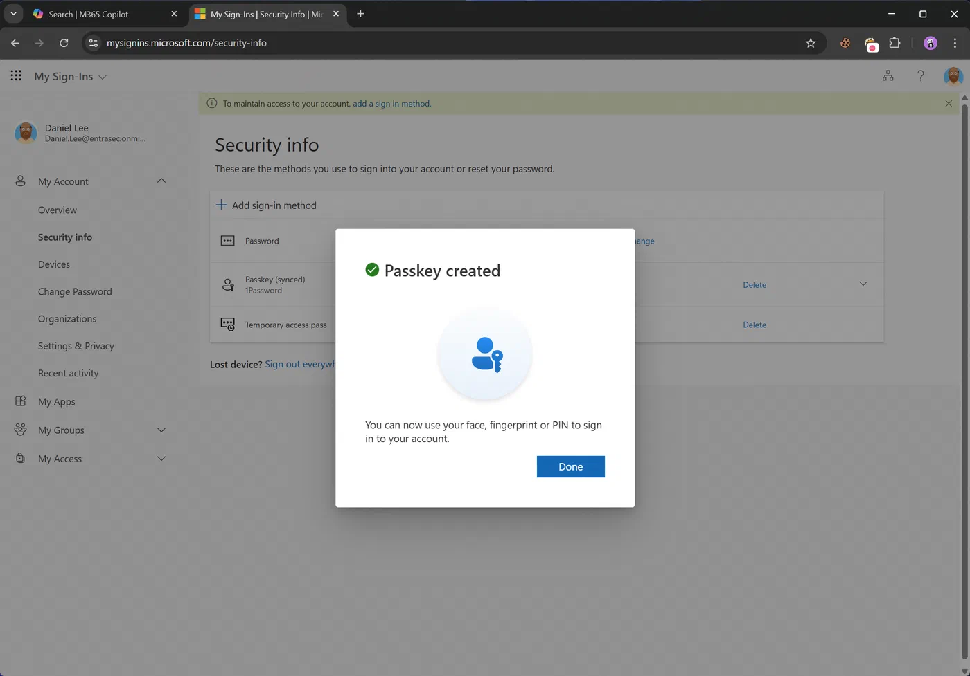 Screenshot showing Microsoft 365 passkeys stored in 1Password (step 10)