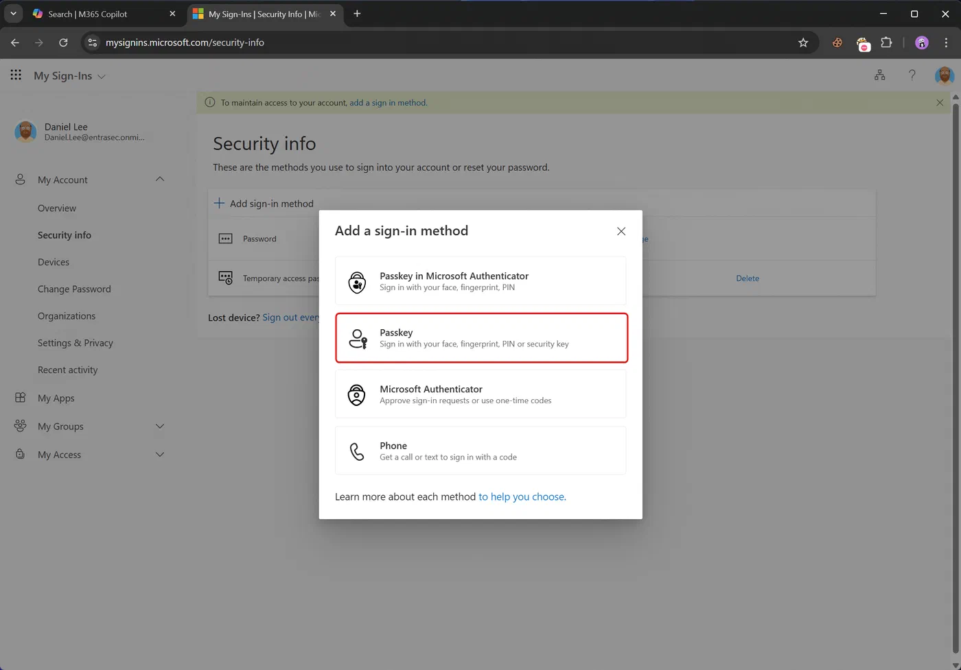 Screenshot showing Microsoft 365 passkeys stored in 1Password (step 4)