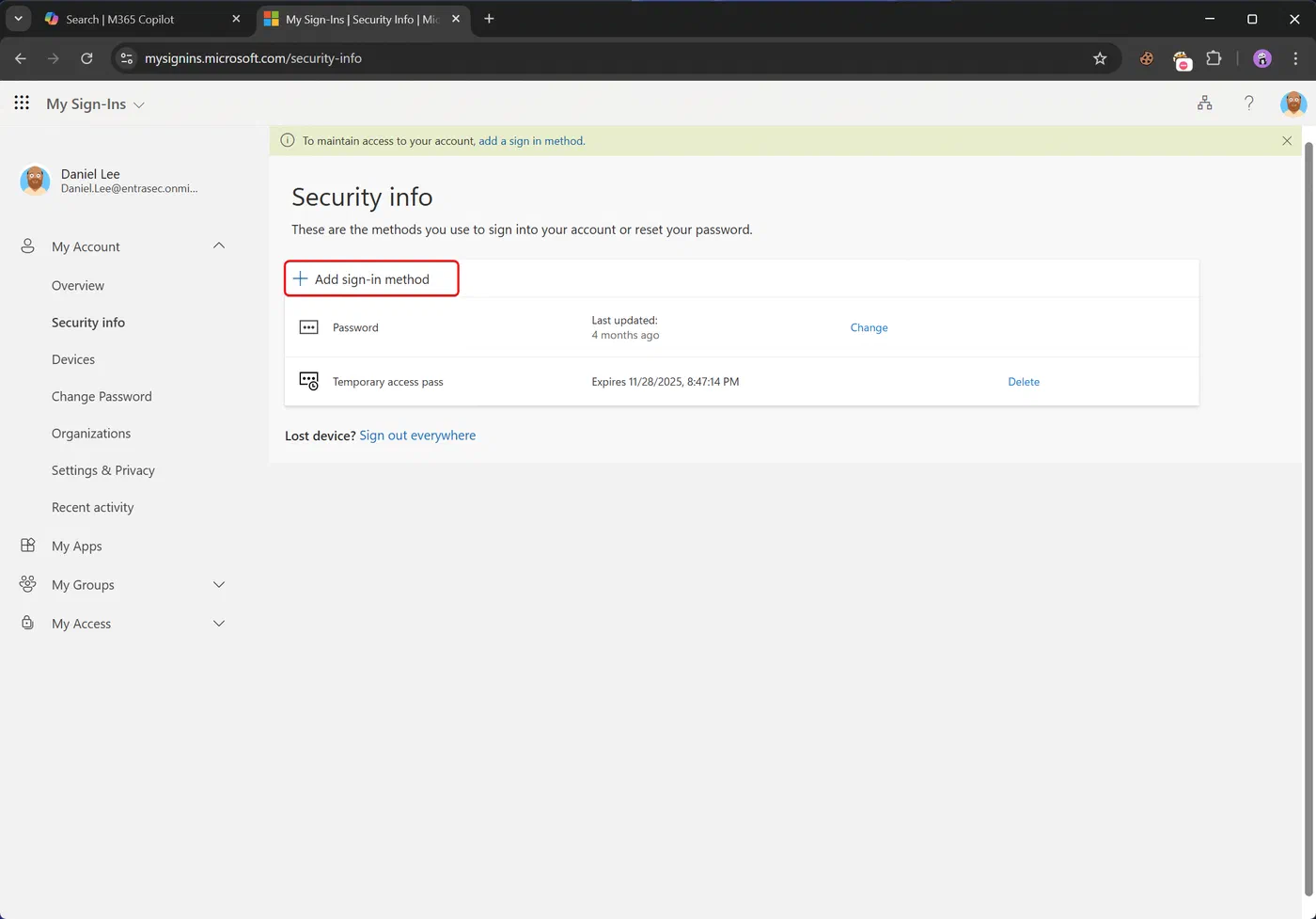 Screenshot showing Microsoft 365 passkeys stored in 1Password (step 3)